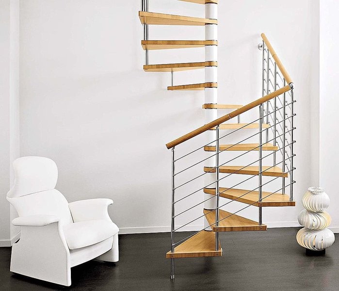 spiral staircase with wood tread and stainless steel railing