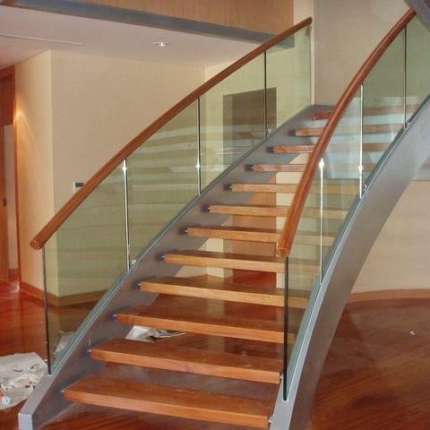 double stringer wood step glass guards curved Staircase 