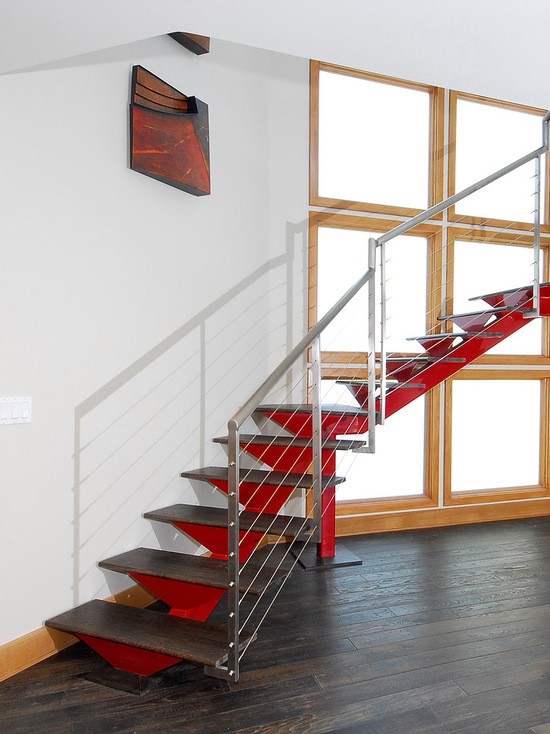 middle stringer steel structure staircase in red with timber step design 