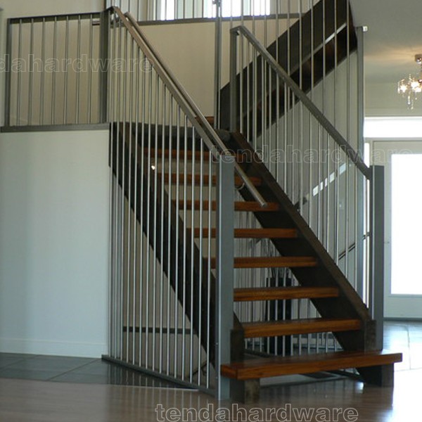 straight stairs with double spine and wire railings or wood staircase 