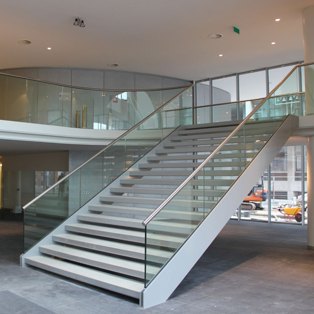 commercial straight flight staircase in satin polished stainless steel 