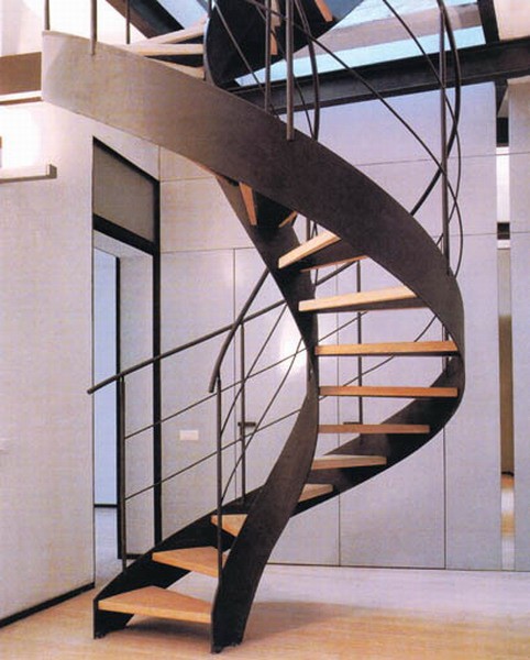 elegant double steel stringer curved Staircases with timber steps and rod rails