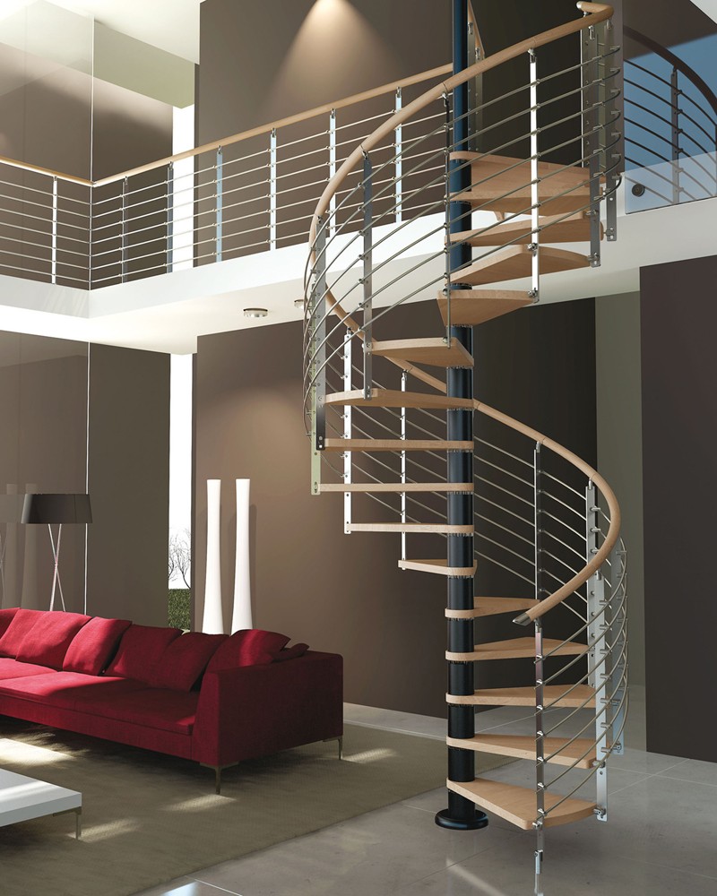 metal wood helical stair or spiral staircase with metal railing 