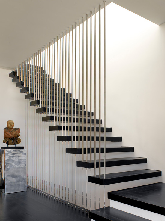 straight floating wood staircase with stainless steel railings 