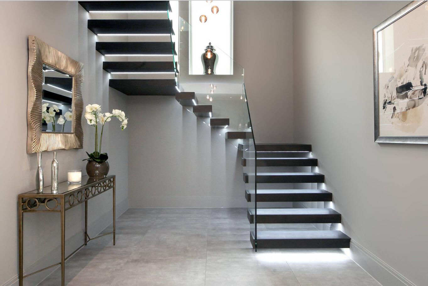 Floating staircase with Dark Wood Treads and led lights