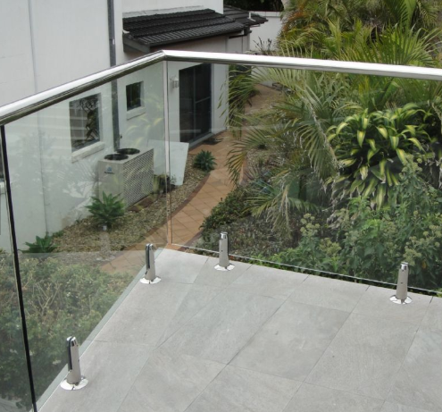 exterior core drill stainless steel spigot glass balustrade with round tubular handrail 