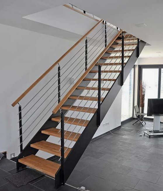 double spine straight stair with wood read and cable railing