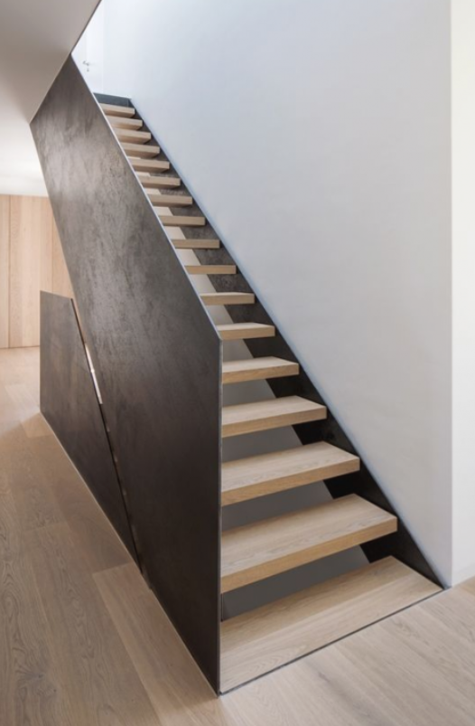 full metal panel railing stair with wood tread